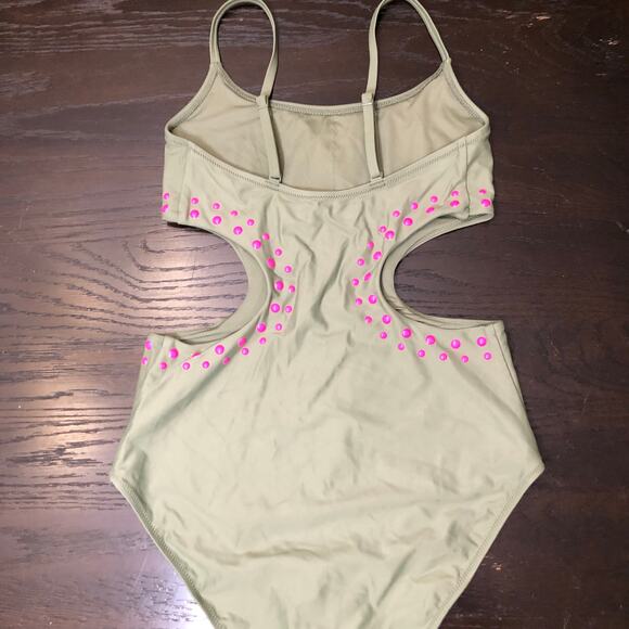 Aerie Cut Out Full Coverage One Piece Swim suit olive green with pink dots sz s - Picture 5 of 8